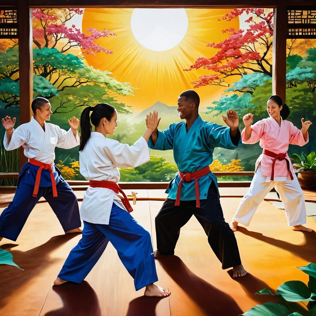 A dynamic scene showcasing individuals engaged in various martial arts, radiating joy and confidence. The backdrop features a sunlit dojo with vibrant colors, symbolizing energy and happiness. Include elements of mindfulness and balance, such as floating lotus flowers or swirling leaves. Depict diverse practitioners representing different martial arts styles, all smiling and connected. super-realistic. vibrant colors. serene atmosphere.