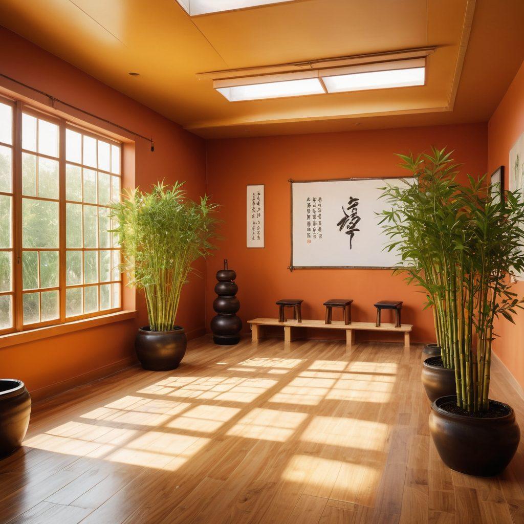 A serene martial arts dojo bathed in soft sunlight, featuring a diverse group of individuals practicing martial arts with joyful expressions, embodying mental wellness and confidence. Include elements like gentle bamboo plants and motivational quotes on the walls to enhance the atmosphere. Capture a sense of empowerment through dynamic poses and camaraderie. super-realistic. vibrant colors. warm tones.