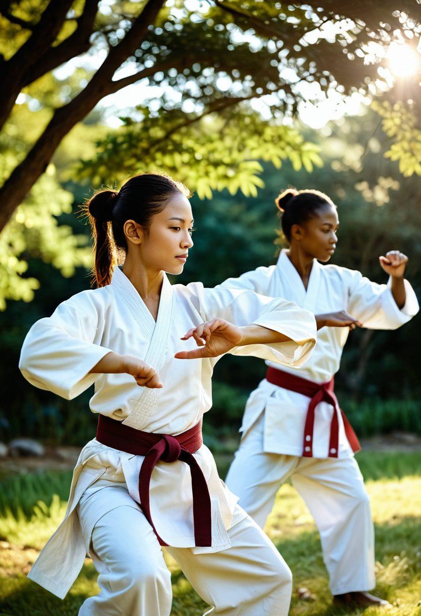 A dynamic scene featuring a diverse group of individuals practicing martial arts in a serene outdoor setting, with soft sunlight filtering through trees. Some are in mid-action poses, showcasing strength and focus, while others are smiling, embodying joy and camaraderie. Surrounding them are symbols of peace and wellness, like lotus flowers and gentle waves. The contrast of intense movement and peaceful expressions portrays the transformative power of martial arts. vibrant colors. super-realistic.